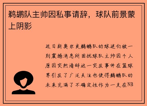 鹈鹕队主帅因私事请辞，球队前景蒙上阴影